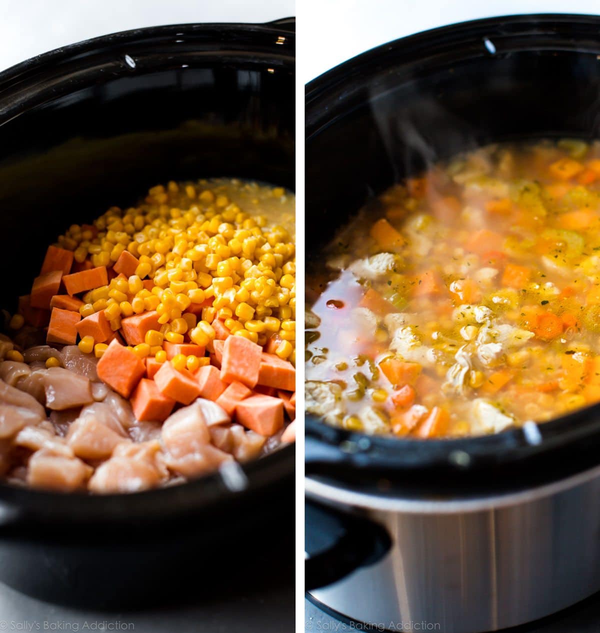 2 images of ingredients in a slow cooker before cooking and chowder in the slow cooker