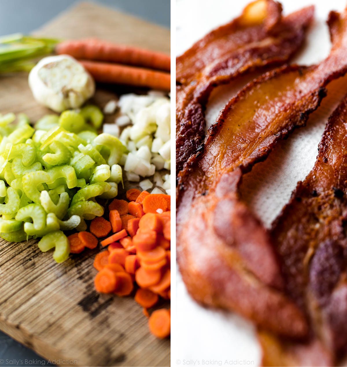 2 images of chopped celery, carrots, and onions on a wood cutting board and strips of cooked bacon