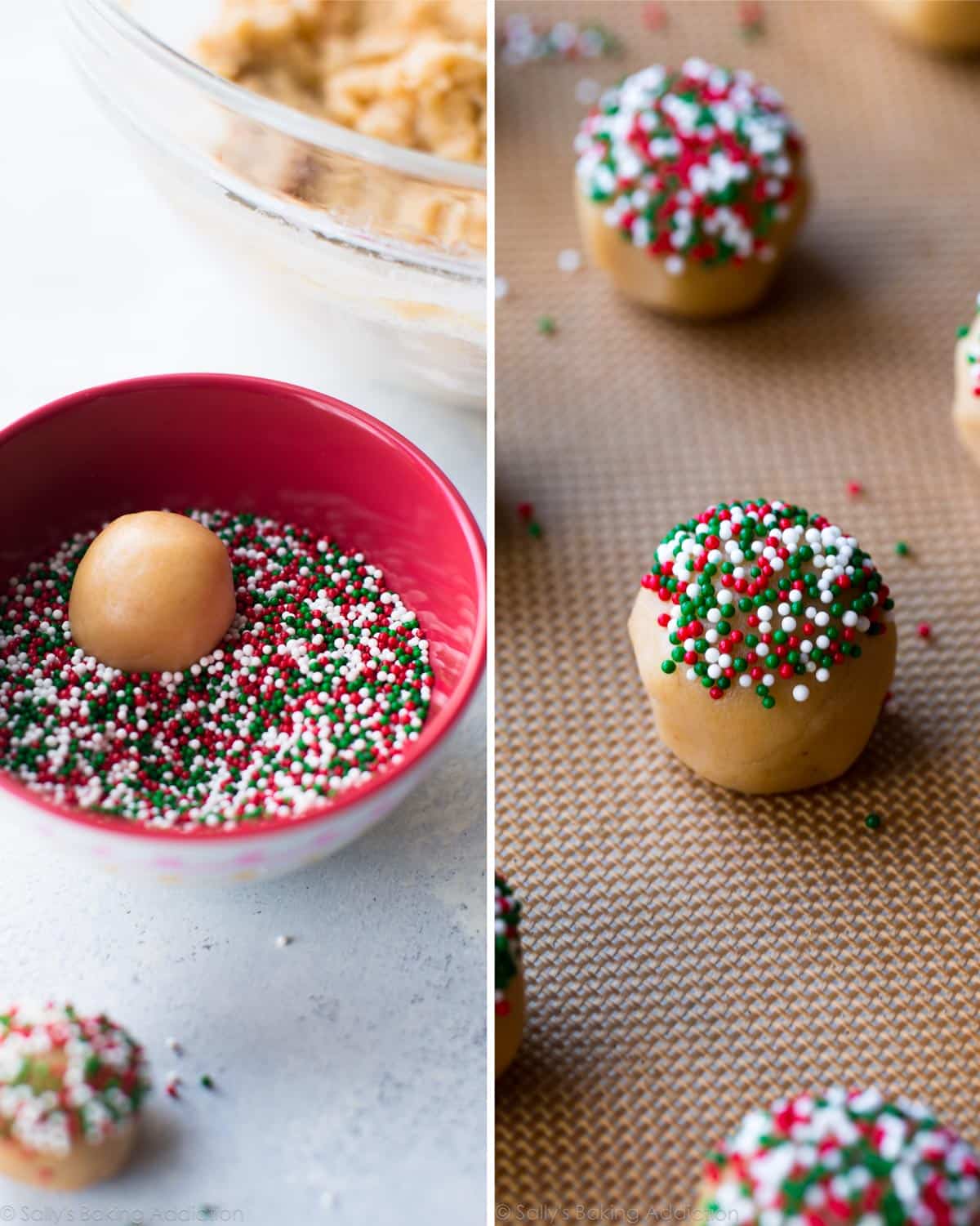 2 images of brown butter sugar cookie dough ball in a bowl of Christmas sprinkles and cookie dough balls with the tops dipped in sprinkles on a baking sheet