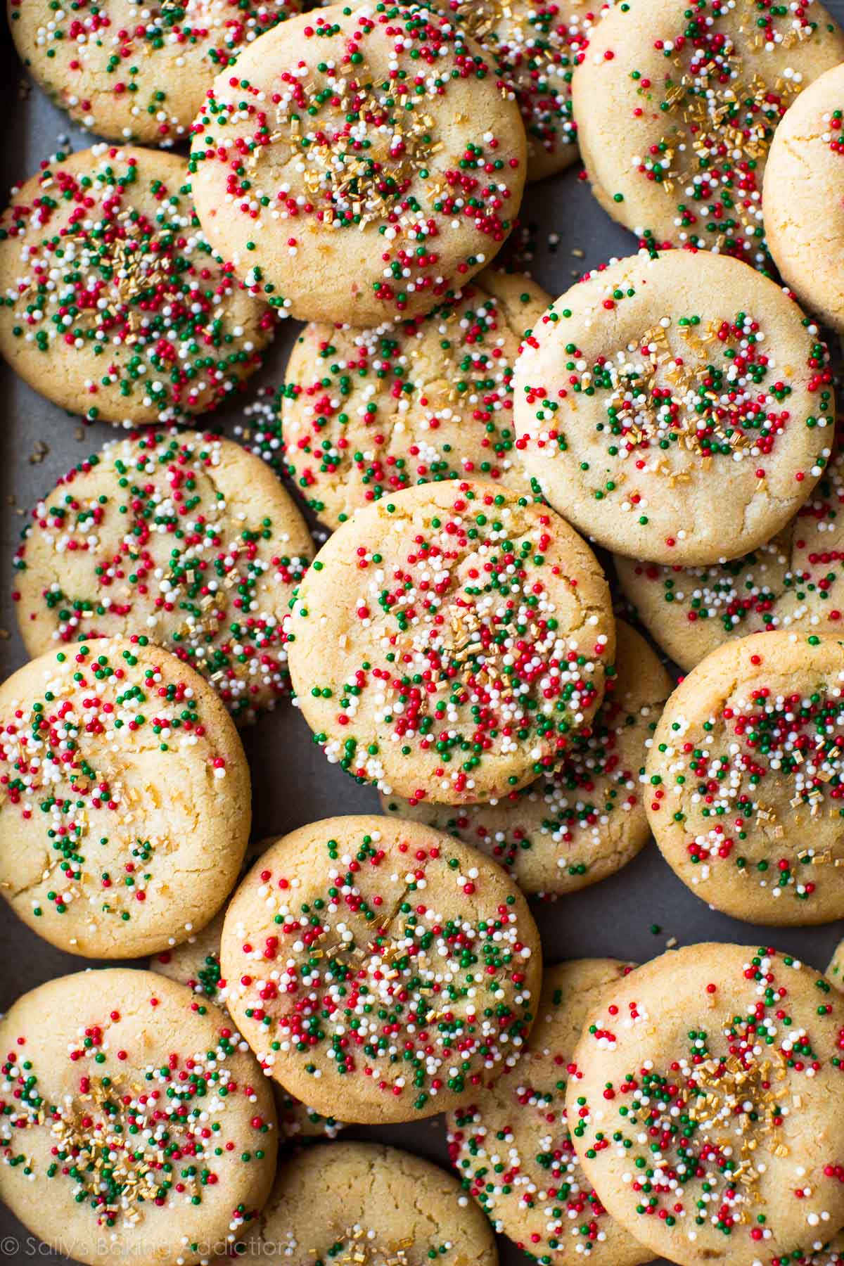 overhead image of brown butter sugar cookies with Christmas sprinkles