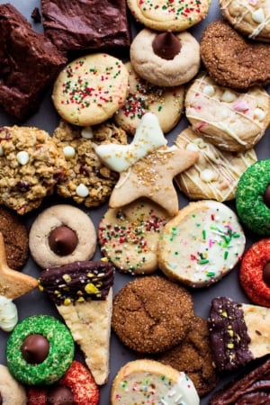 overhead image of a variety of Christmas cookies