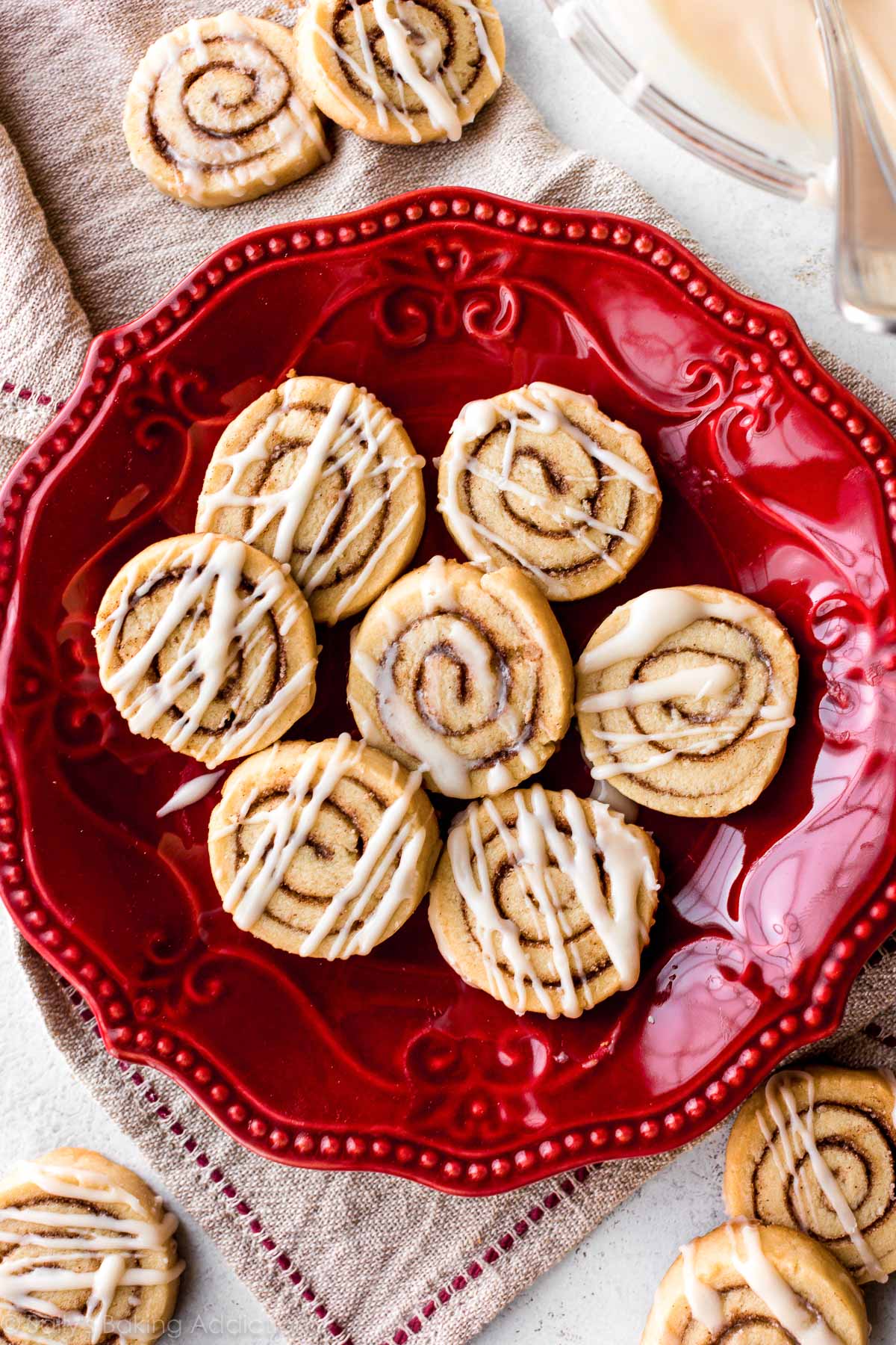 cinnamon roll cookies on a red plate