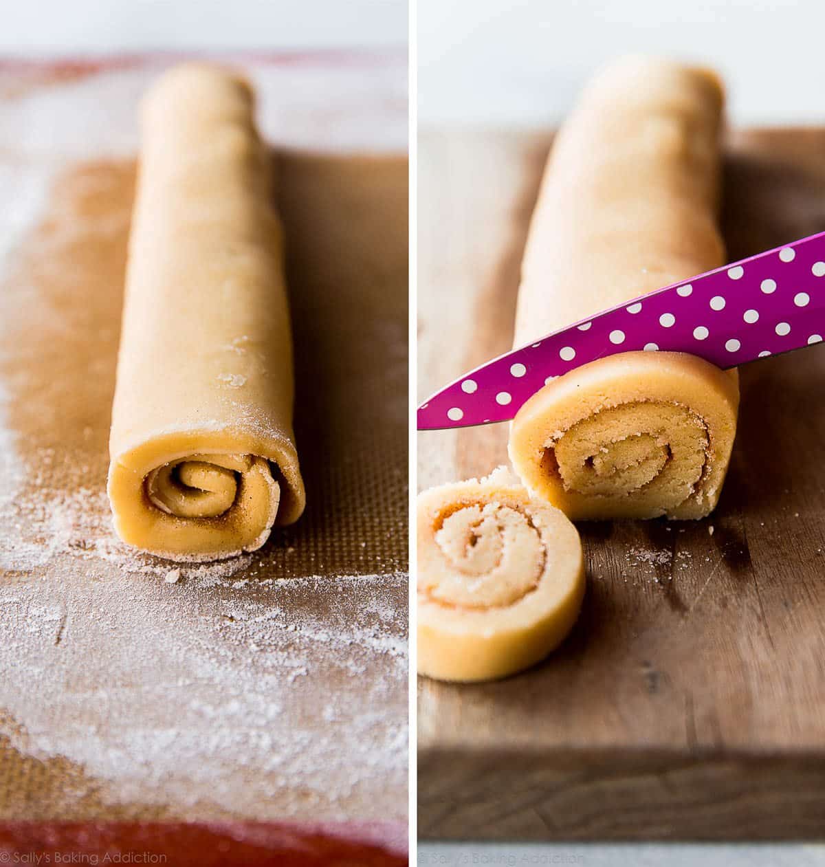 2 images of cinnamon roll cookie dough logs and slicing cinnamon roll cookies