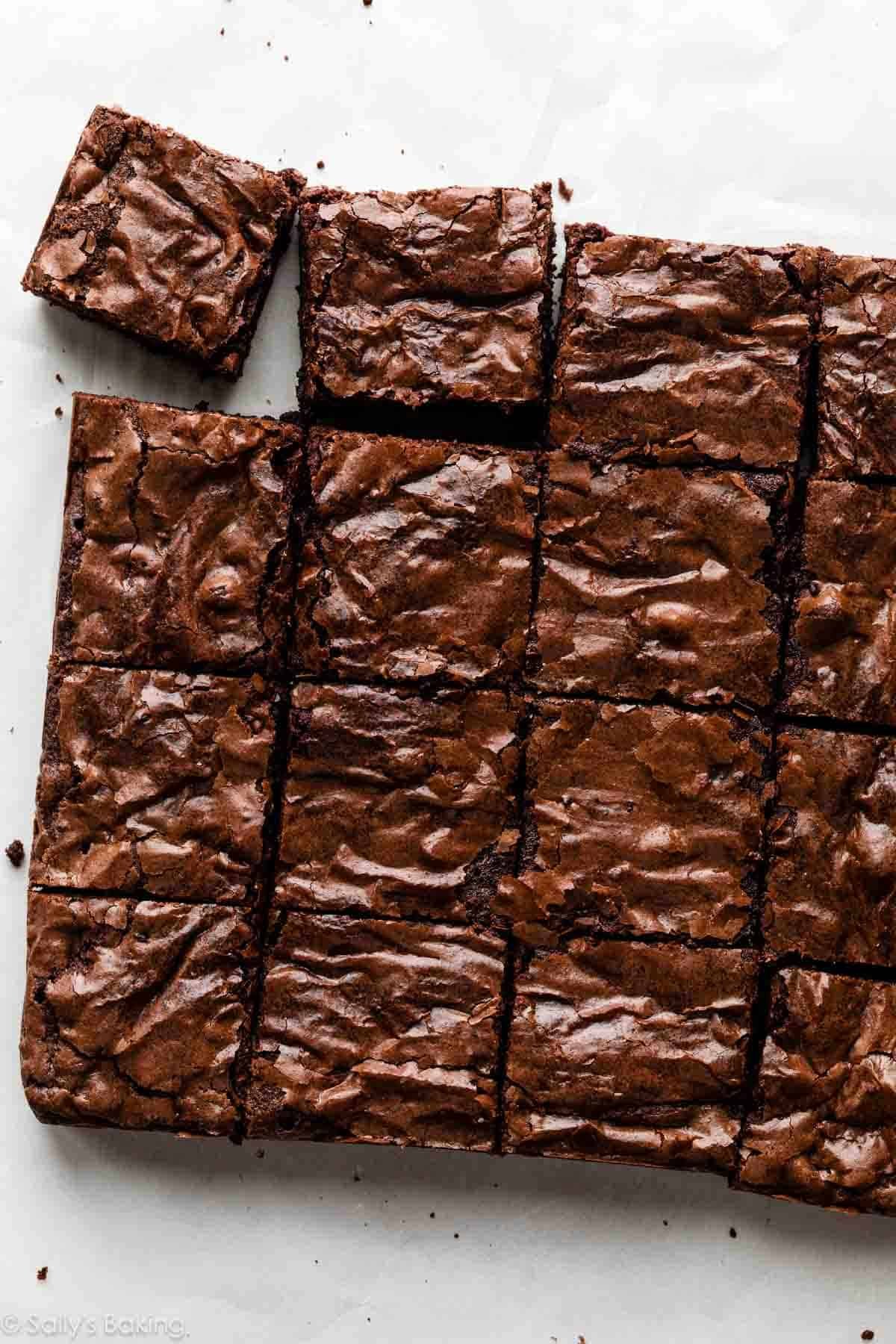 homemade brownies with shiny tops.