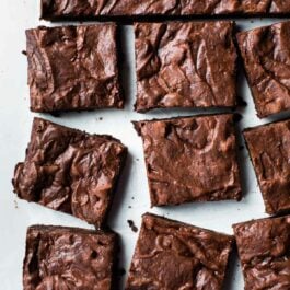 overhead image of fudgy brownies cut into squares