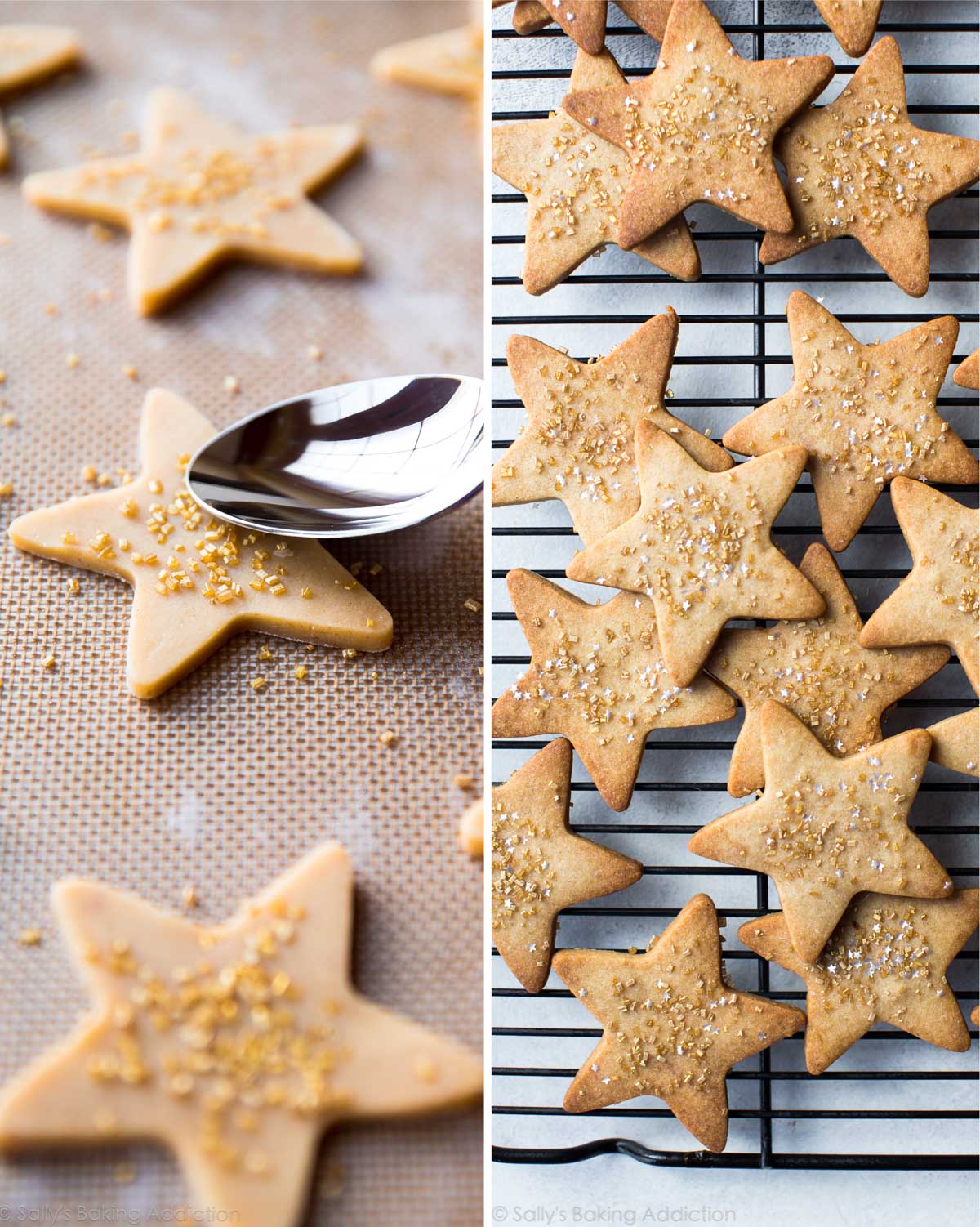 2 images of pressing gold sprinkles into star cookie dough cut outs with a spoon and baked star sugar cookies with sprinkles