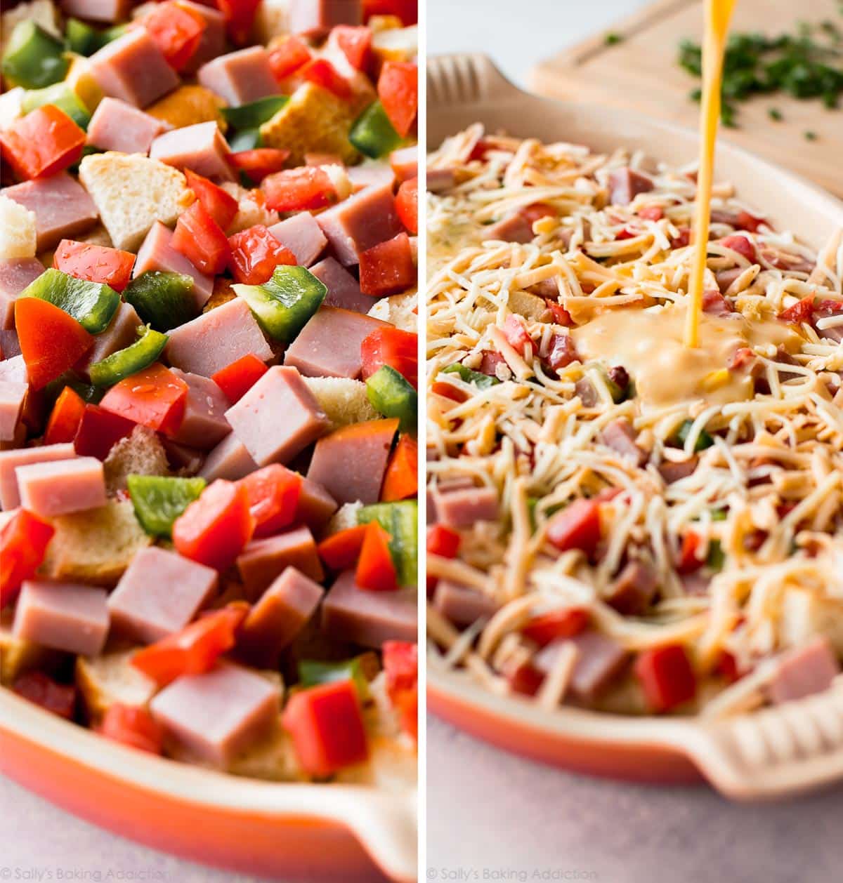 2 images of chopped vegetables and meat in a casserole dish and pouring egg mixture on top of ingredients in a casserole dish