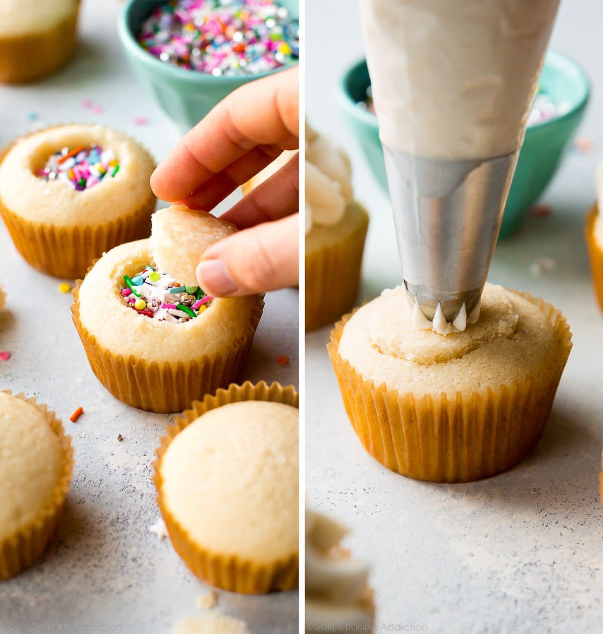 2 images of cupcakes filled with sprinkles and placing the cupcake top on and piping frosting on top