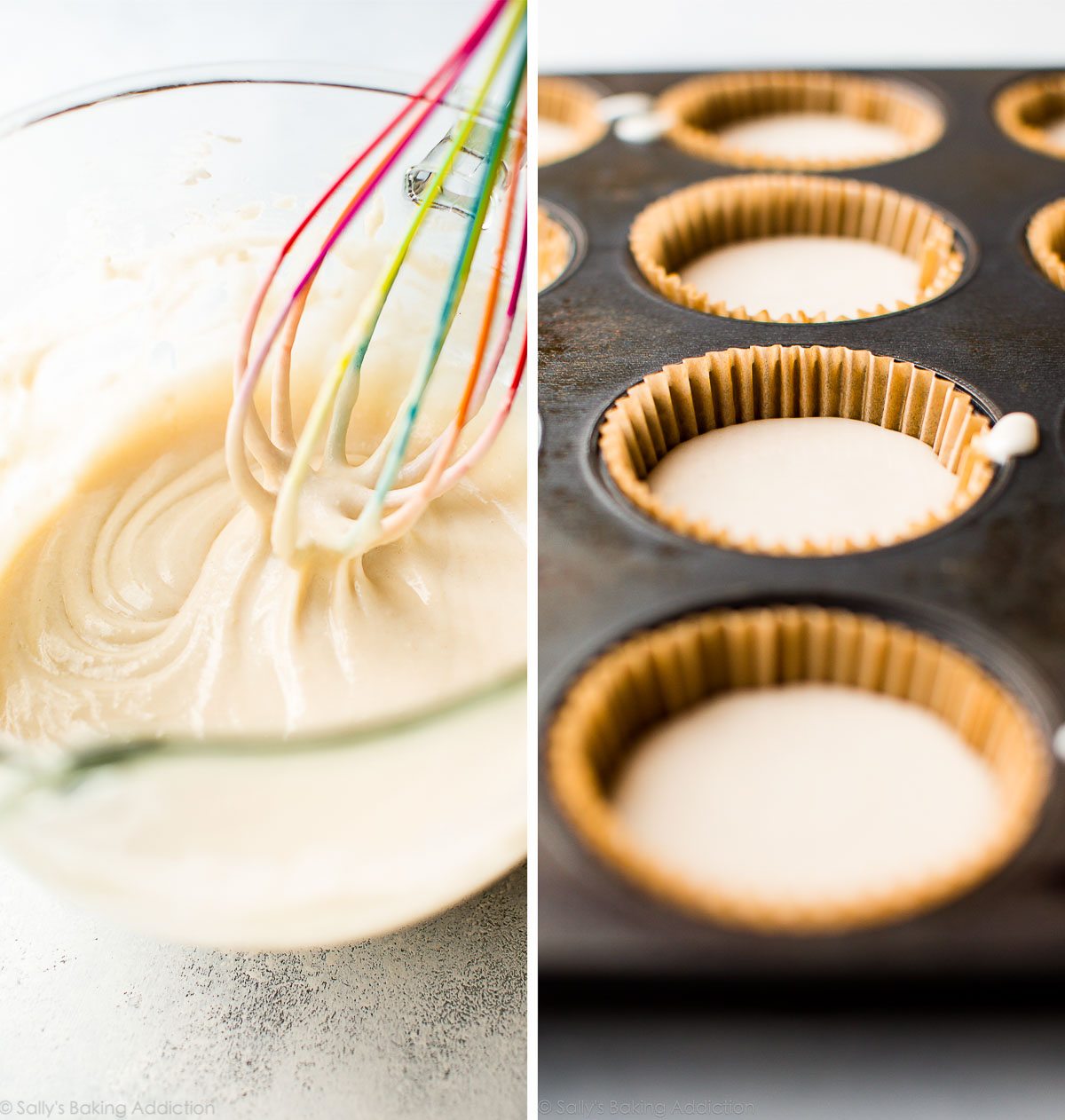 2 images of cupcake batter in a glass bowl with a colorful whisk and batter in a cupcake pan