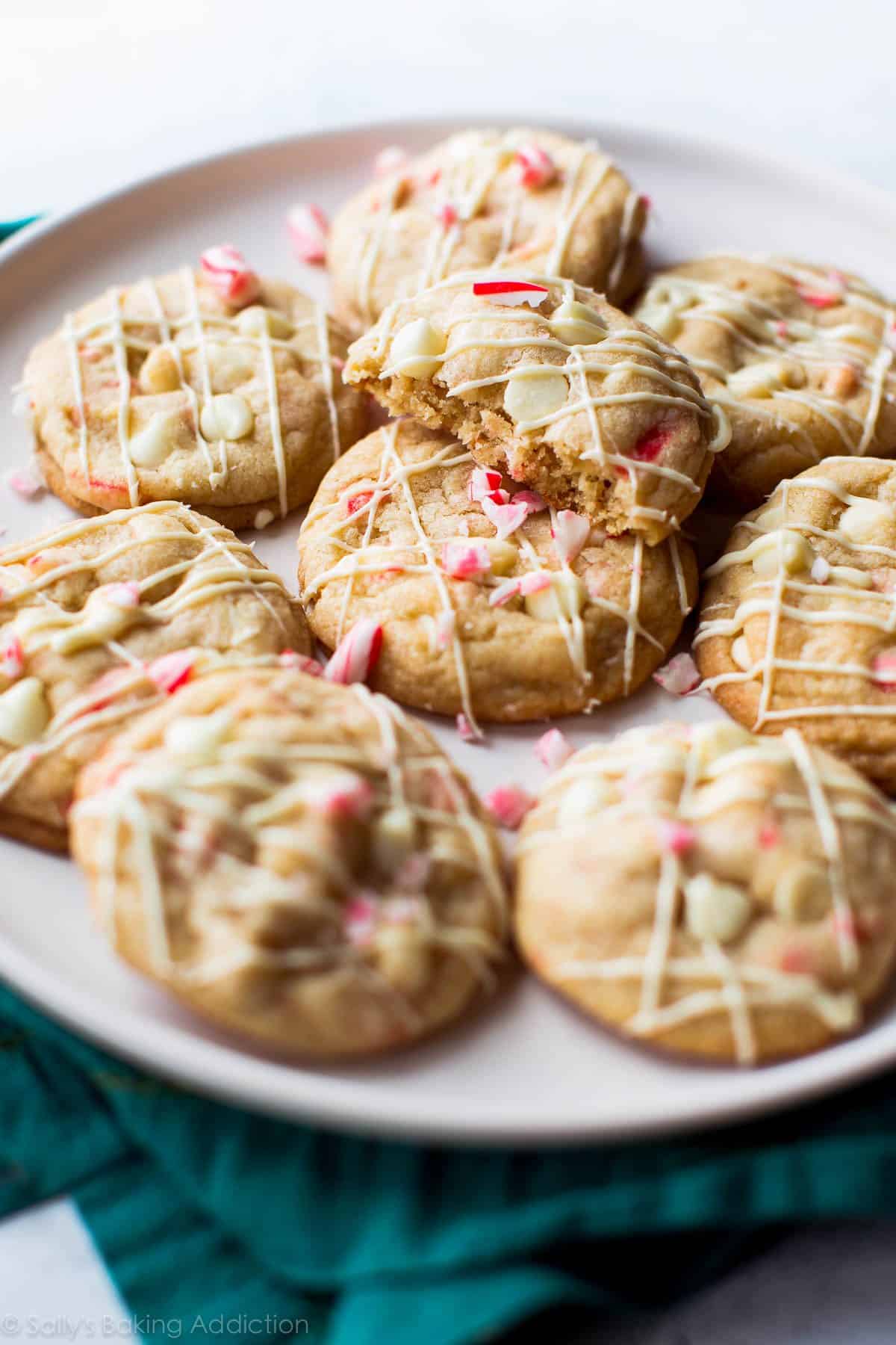 peppermint white chocolate cookies on a white plate