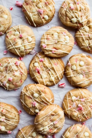 overhead image of peppermint white chocolate cookies drizzled with white chocolate