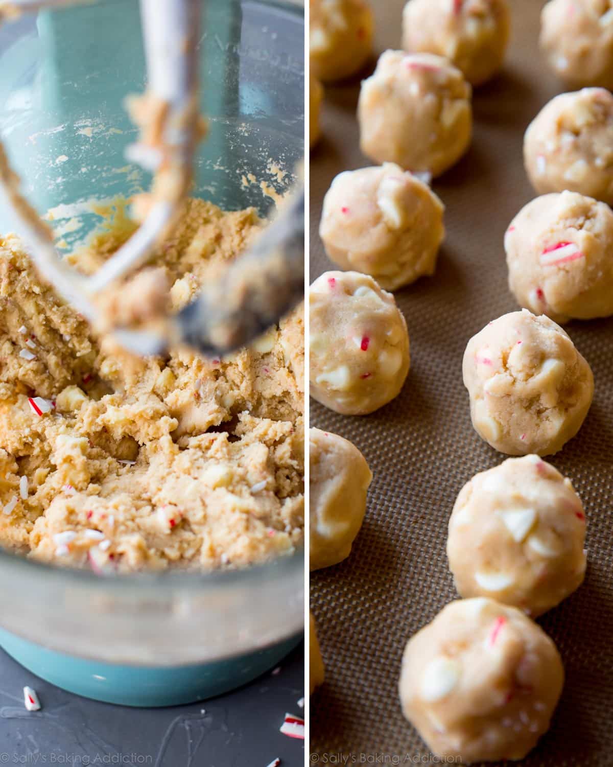 peppermint white chocolate cookie dough in a glass stand mixer bowl and cookie dough rolled into balls on a silpat baking mat