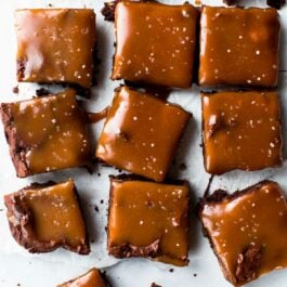 overhead image of salted caramel turtle brownies