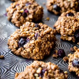 blueberry breakfast cookies on a baking sheet
