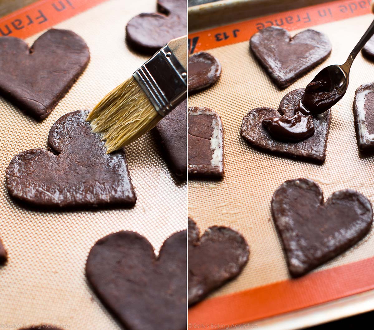 2 images of brushing heart pie dough cut outs with egg wash and spooning chocolate ganache filling onto the pie crust