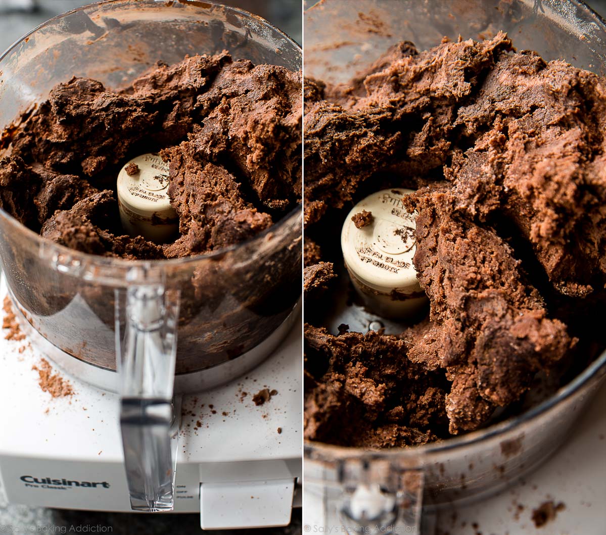 2 images of chocolate pie dough in a food processor