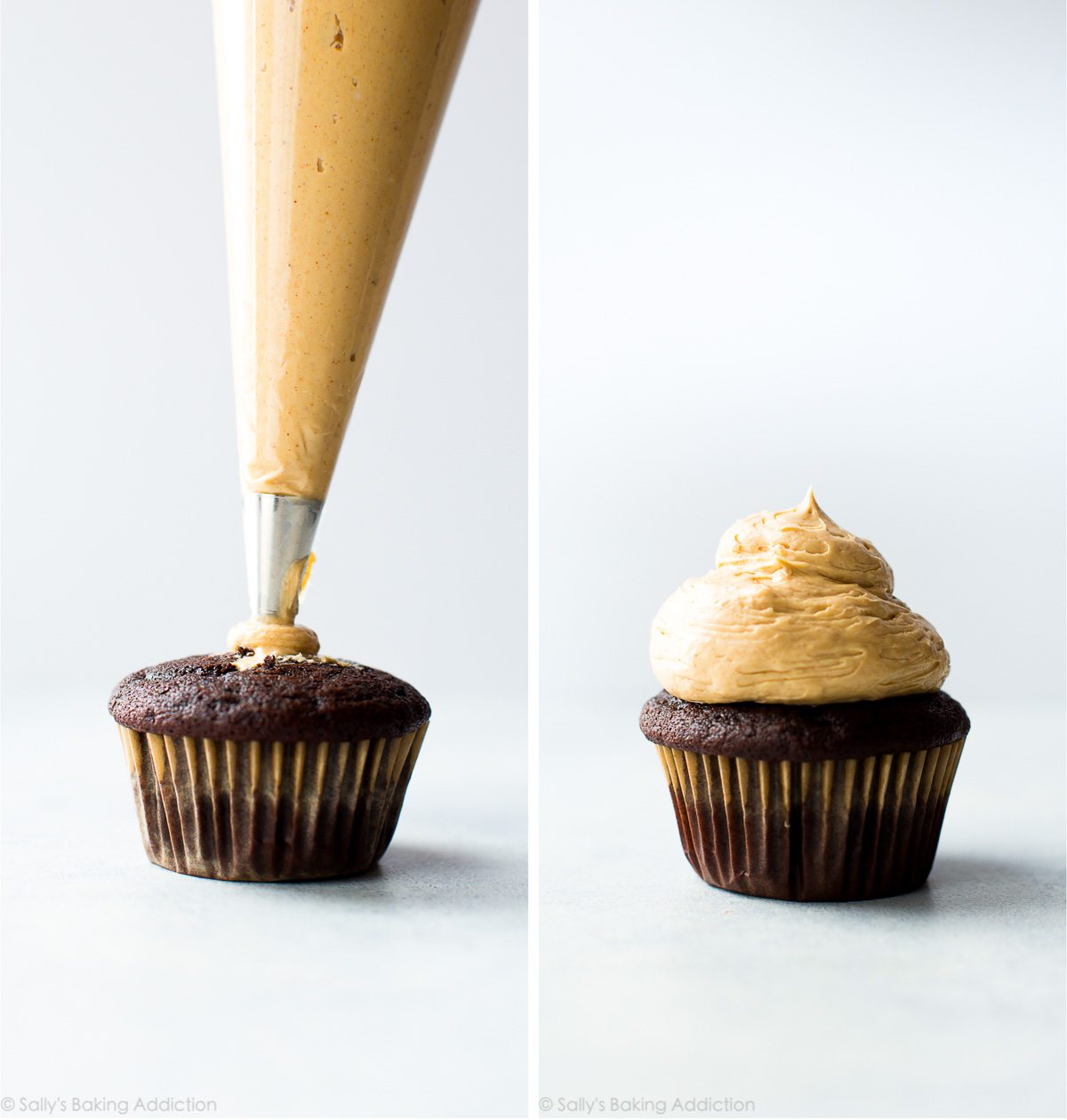 2 images of piping peanut butter meringue frosting onto a chocolate cupcake and a chocolate cupcake with peanut butter meringue frosting
