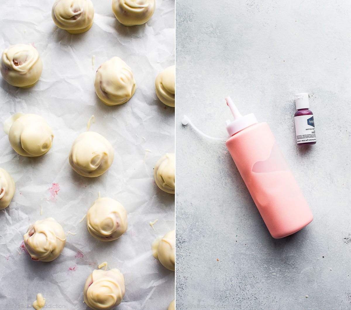 2 images of strawberry cheesecake truffles dipped in white chocolate on parchment paper and pink white chocolate in a squeeze bottle with a bottle of pink food coloring
