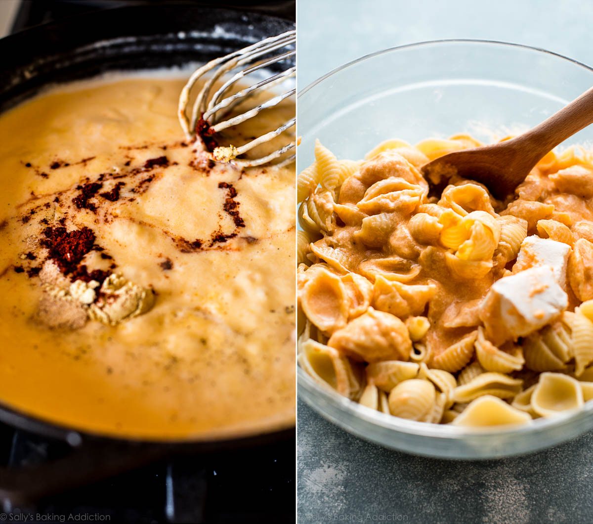 2 images of cheese sauce in a skillet on the stove and mixing cheese sauce and noodles in a glass bowl with a wood spoon