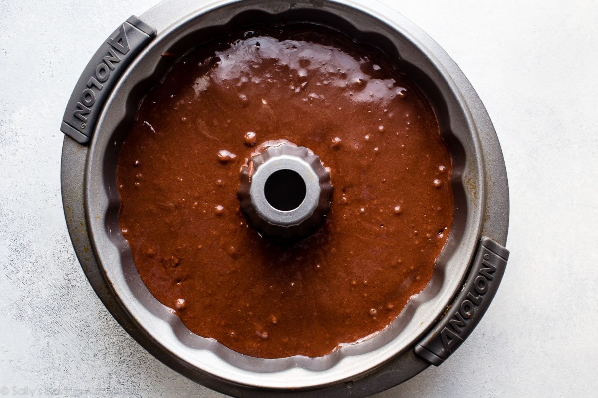 overhead image of chocolate cake batter in a bundt pan