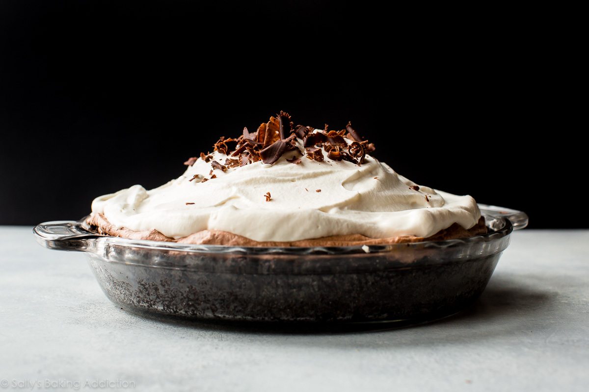 side view of chocolate mousse pie in a glass dish