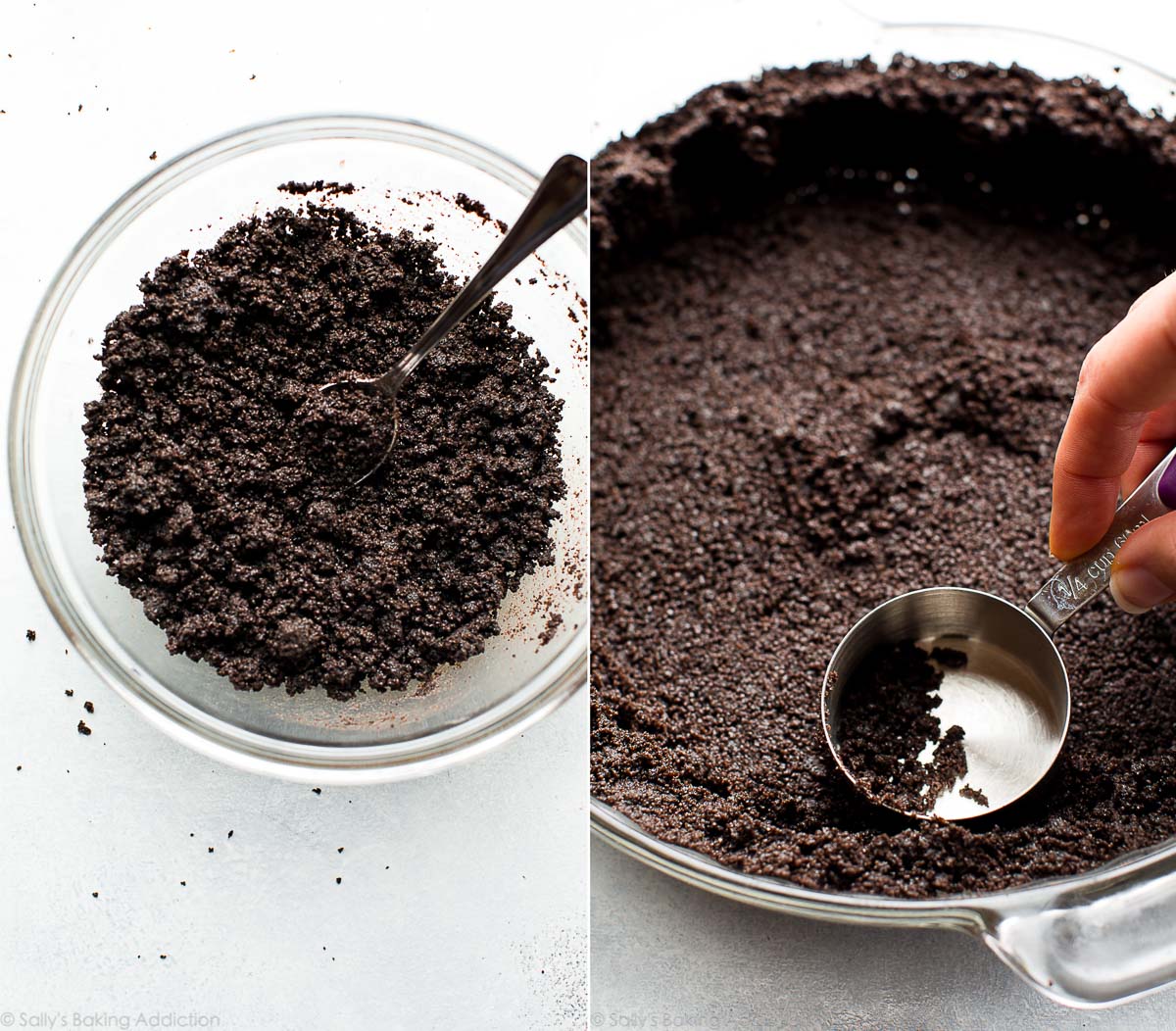 2 images of Oreo cookie crust in a glass bowl and pressing crust mixture into glass pie dish with a measuring cup