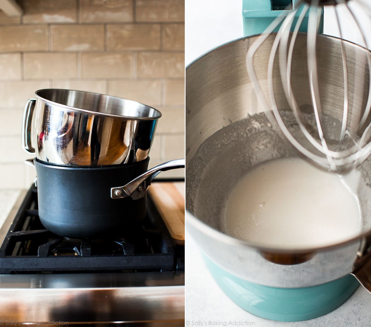 2 images of a pot on the stove with a metal bowl on top and egg whites, sugar, and cream of tartar in a metal stand mixer bowl with a whisk attachment