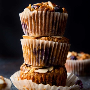 stack of 3 blueberry almond muffins