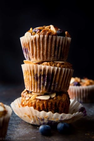 stack of 3 blueberry almond muffins