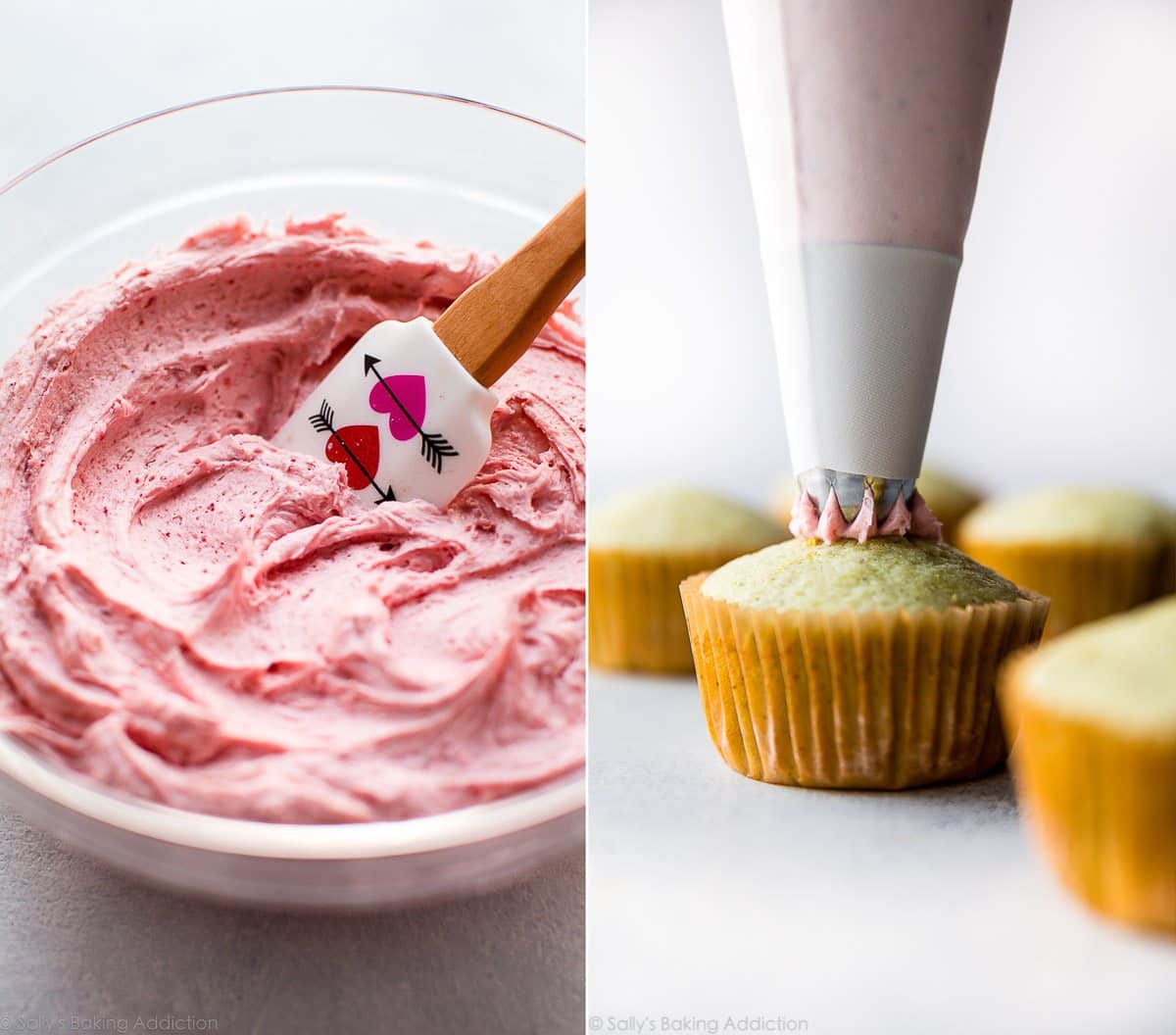 strawberry frosting in a glass bowl and piping strawberry frosting onto pistachio cupcakes