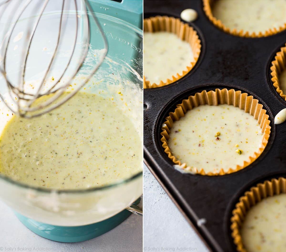 2 images of pistachio cupcake batter in a glass bowl and cupcake batter in a cupcake pan