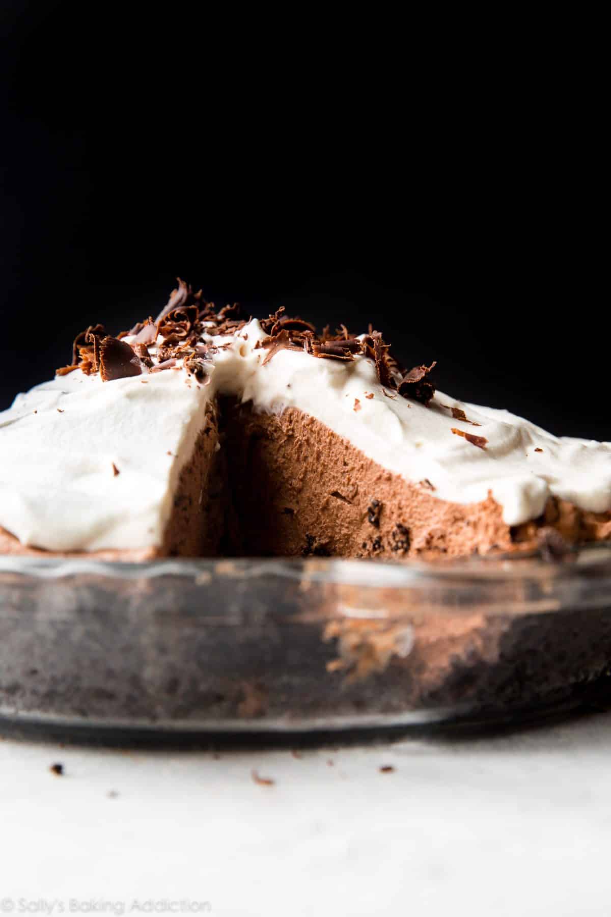 chocolate mousse pie in a glass pan