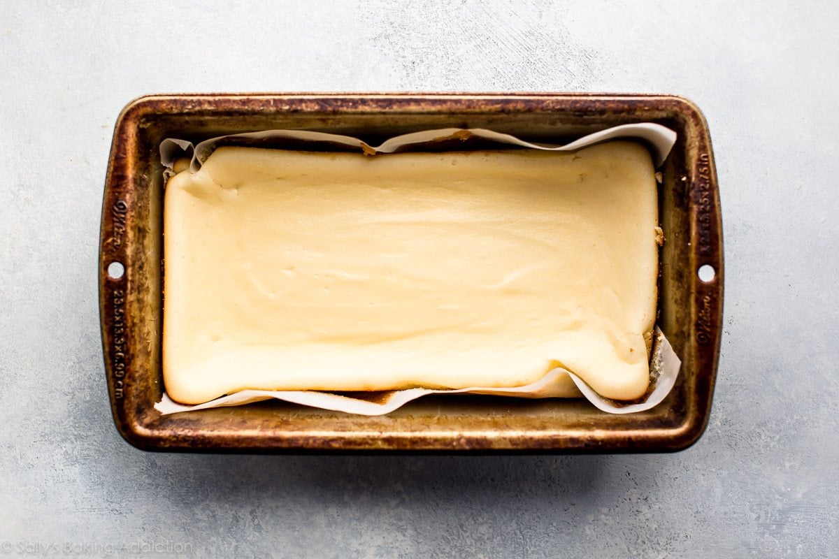 overhead image of cheesecake baked in a loaf pan