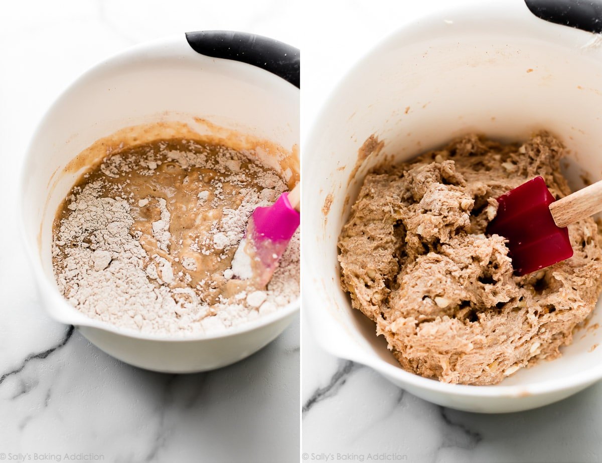 2 images of banana scone dough in white mixing bowls