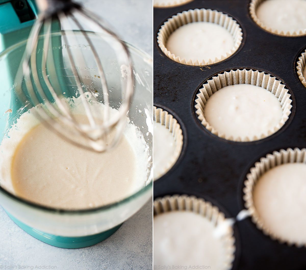 2 images of coconut cupcake batter in a glass stand mixer bowl and batter in a cupcake pan