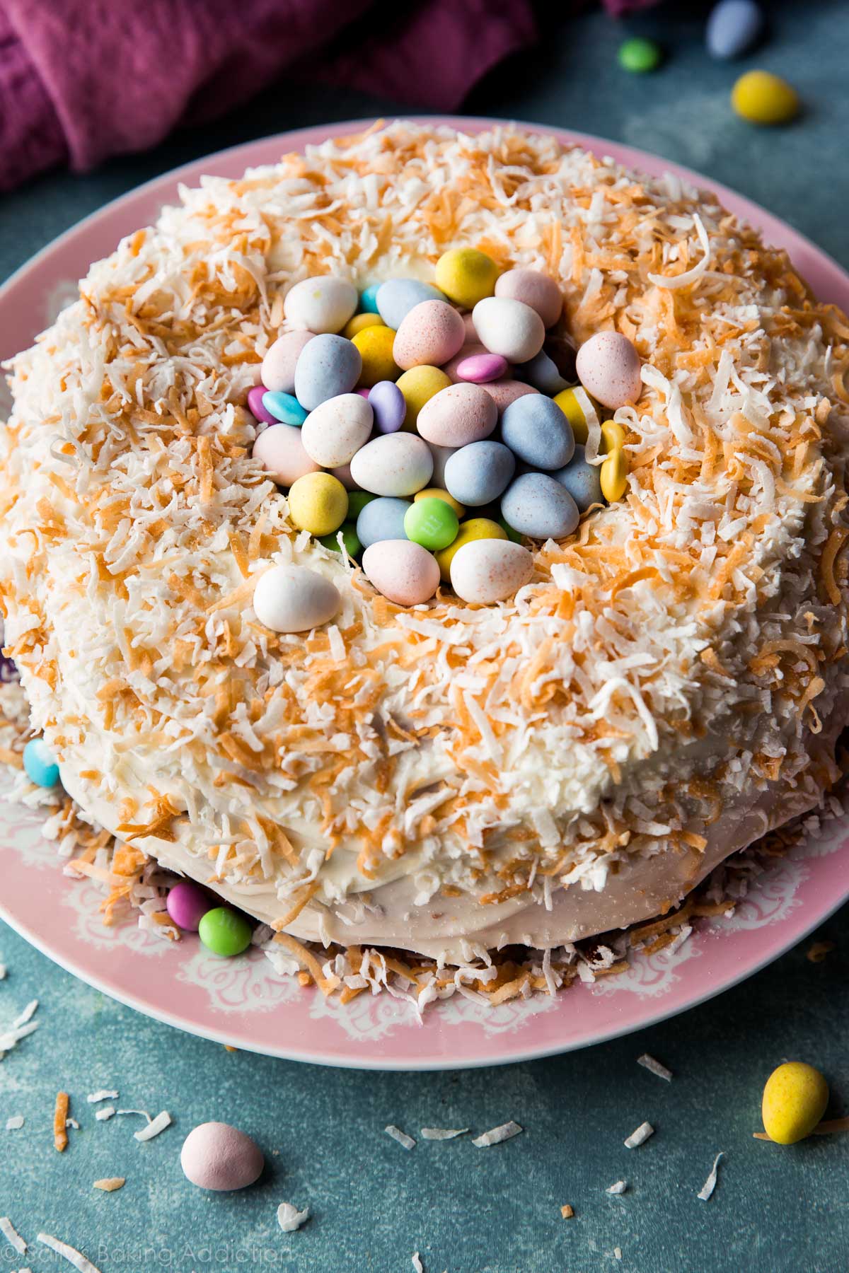 coconut Easter nest cake with candy in the center