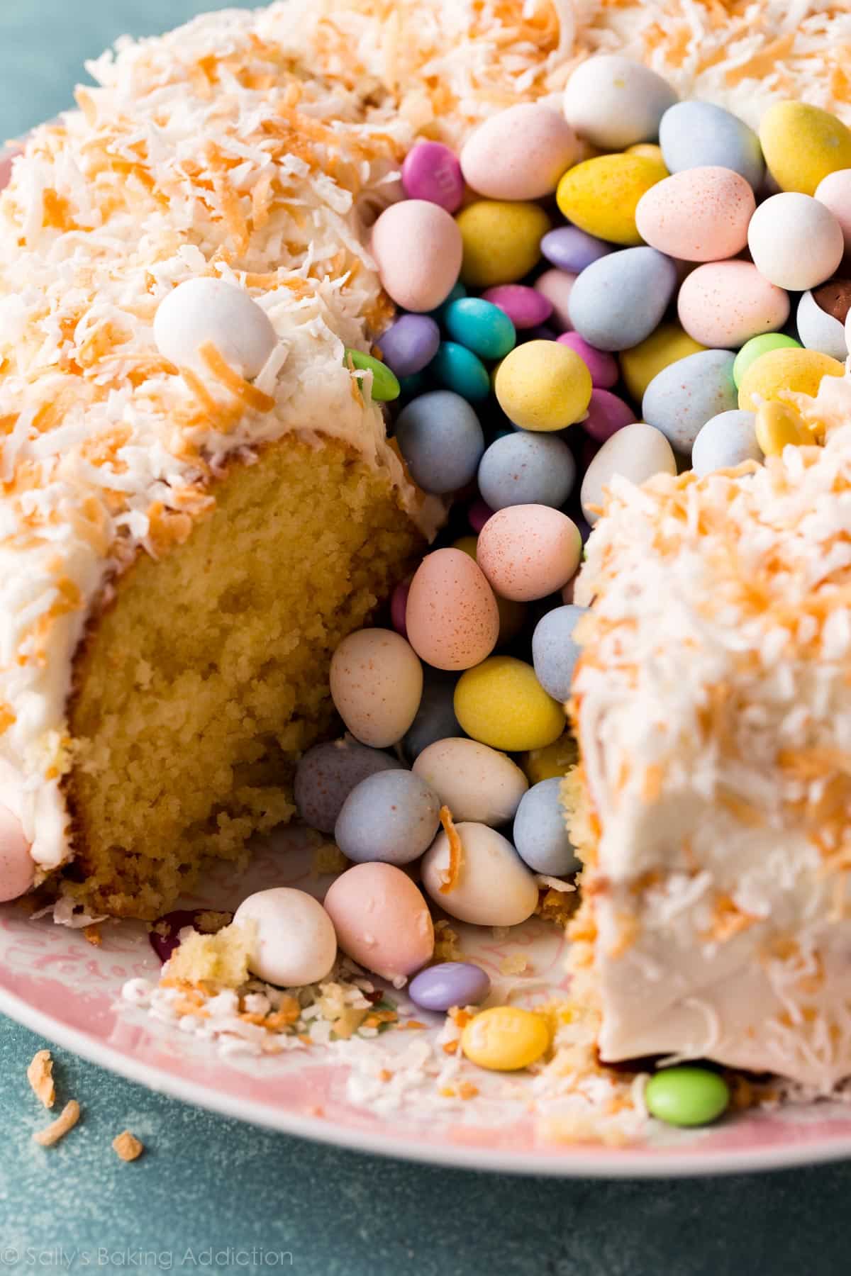 Coconut easter nest bundt cake with Easter candy