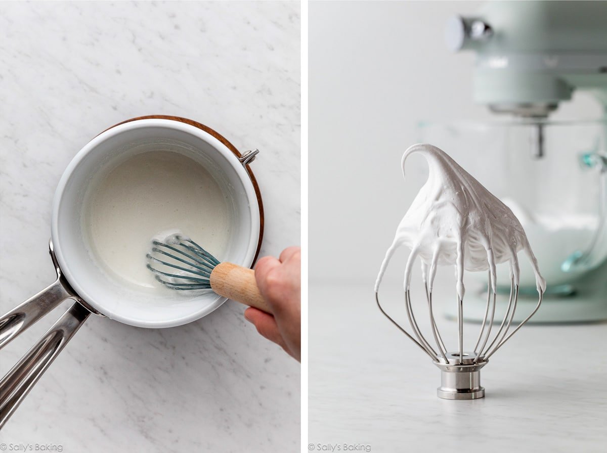 cooked meringue mixture and shown again after whipping.