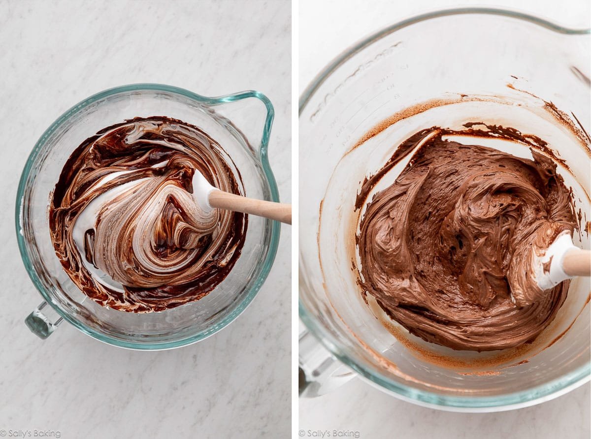 folding meringue mixture and chocolate mixture together.