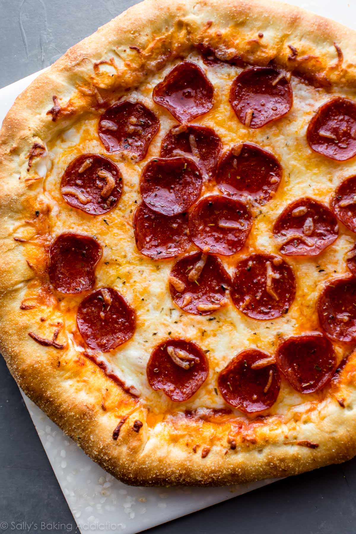 overhead image of pepperoni pizza with stuffed crust