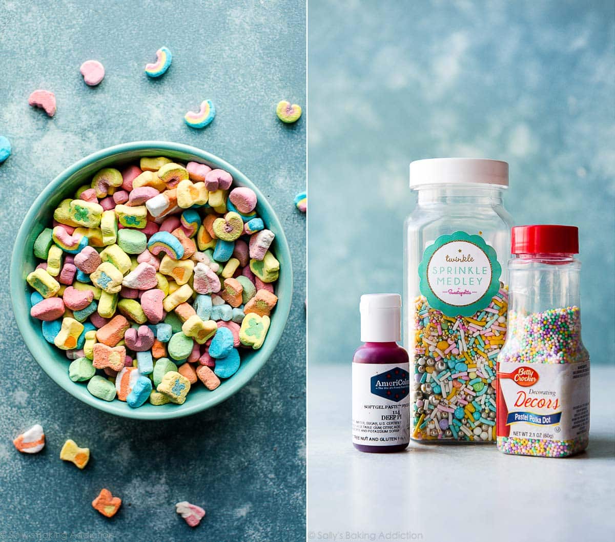 2 images of marshmallows from Lucky Charms cereal in a bowl and food coloring and sprinkles