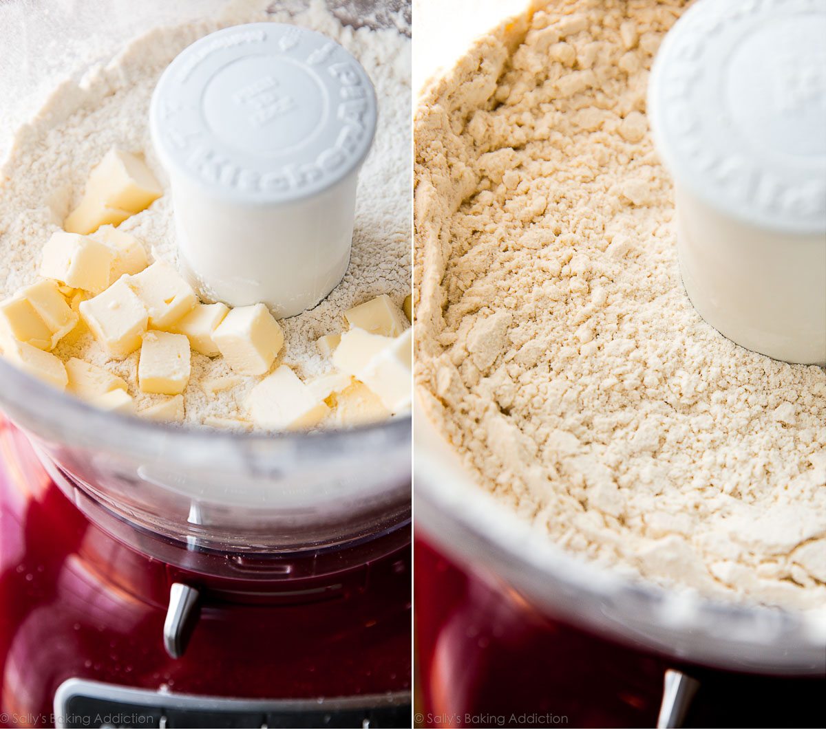 2 images of butter and flour in food processor before mixing and mixture after using food processor