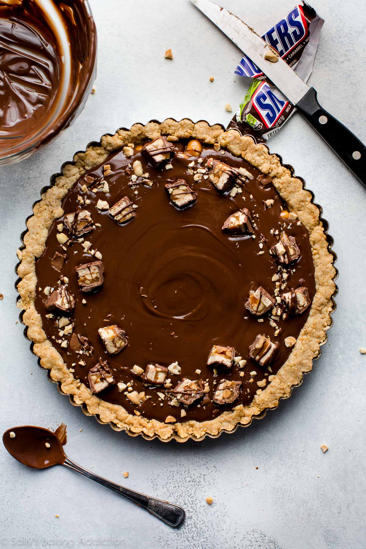 overhead image of Snickers caramel tart