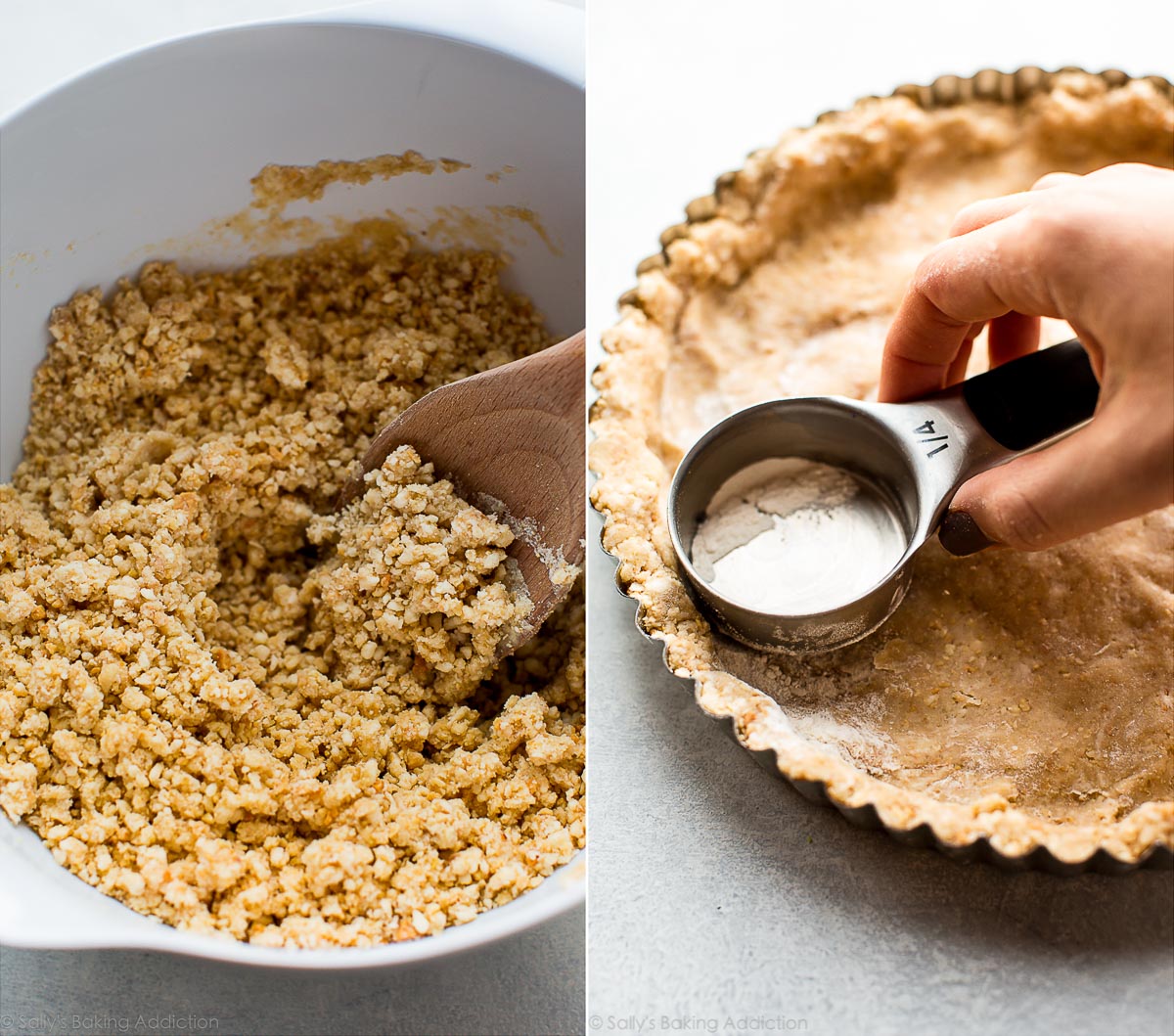 tart crust mixture in a white bowl and pressing tart crust into tart pan with a measuring cup