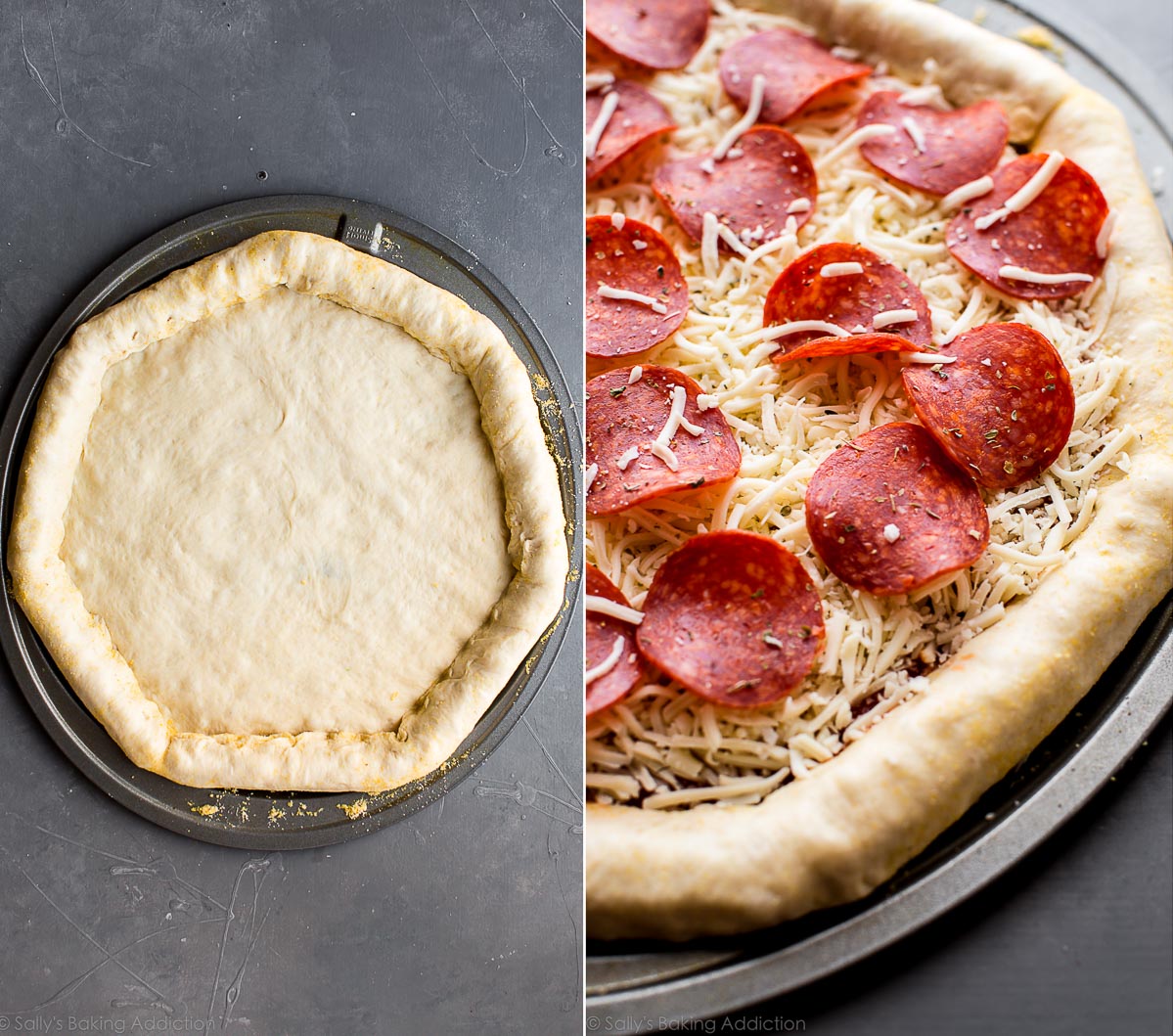 2 images of pizza dough with a stuffed crust and stuffed crust pizza dough topped with sauce, cheese, and pepperoni on a pizza pan