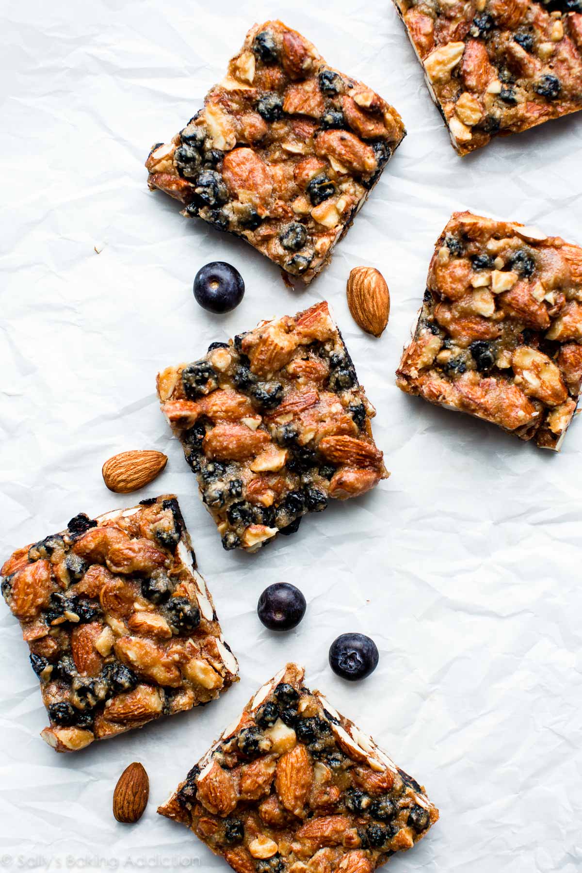 overhead image of blueberry almond snack bars