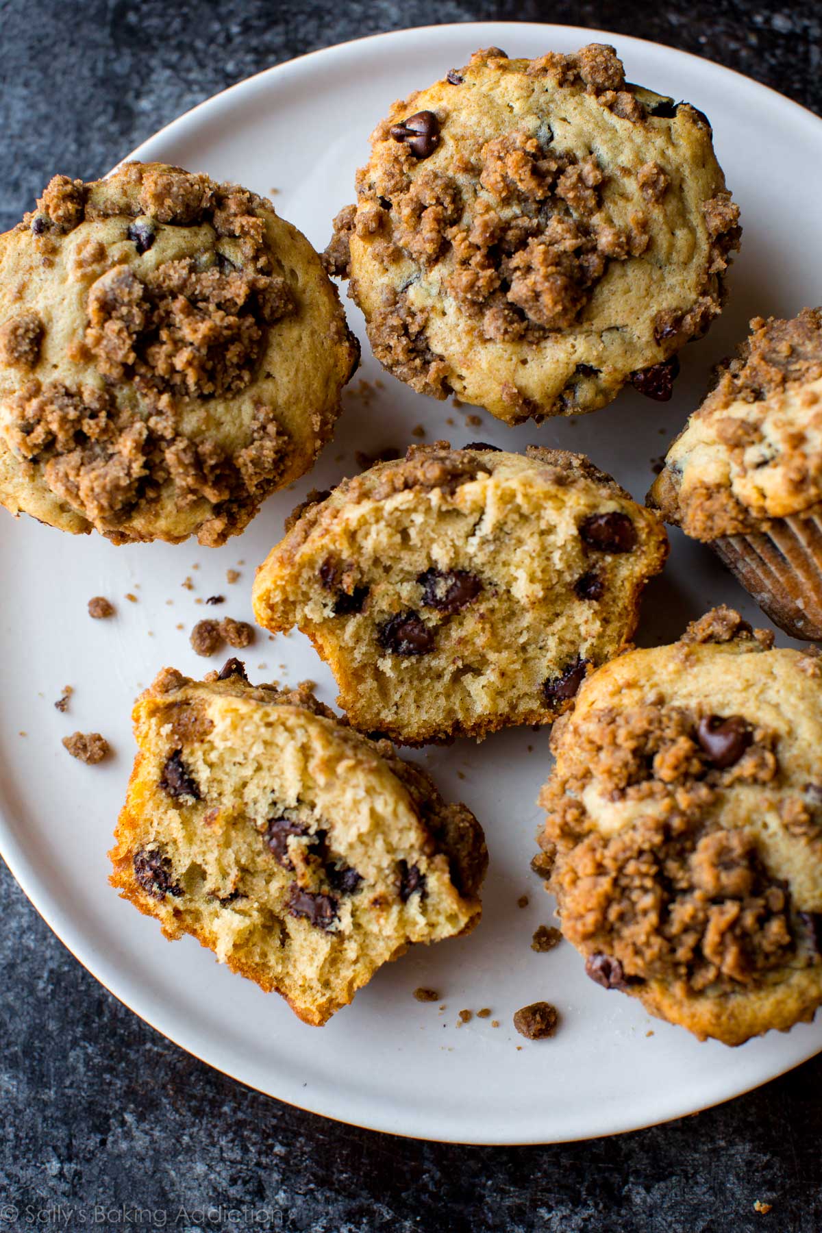 chocolate chip streusel muffins on a white plate
