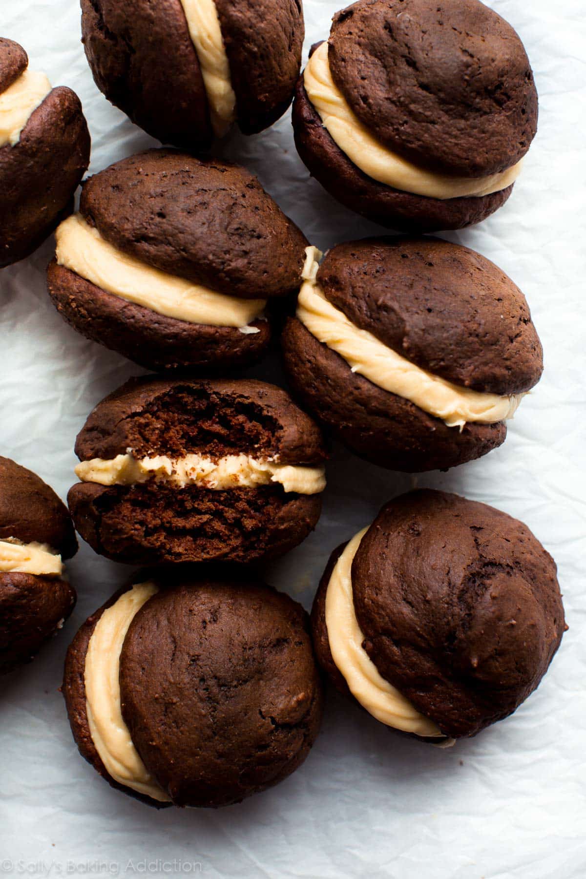 overhead image of chocolate whoopie pies with salted caramel frosting