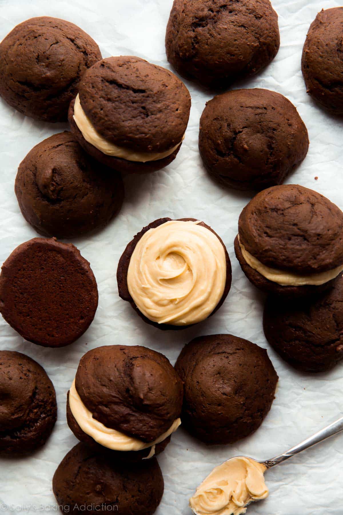 chocolate whoopie pies with salted caramel frosting
