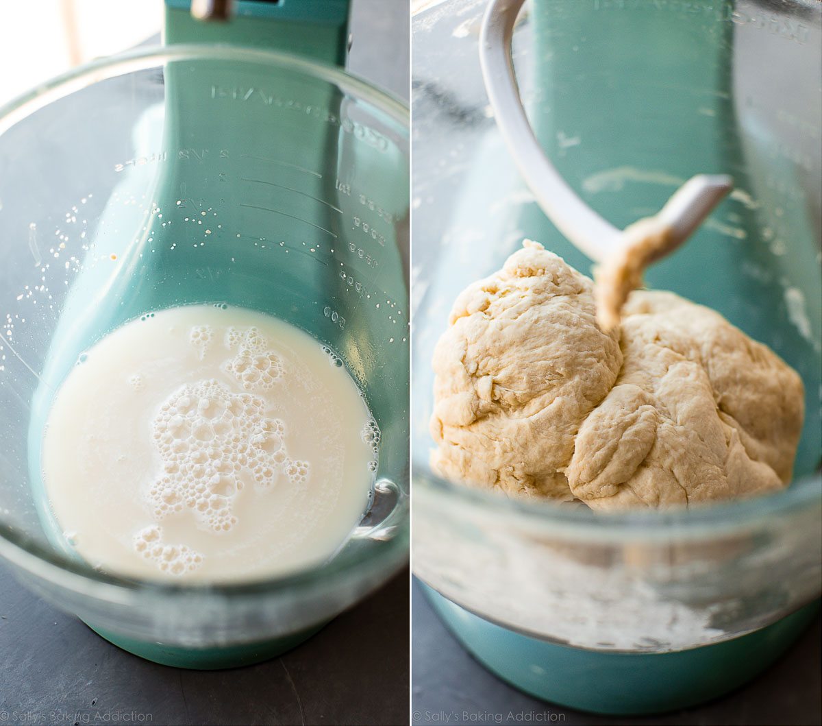 2 images of activated yeast in a glass stand mixer bowl and soft pretzel dough in a glass stand mixer bowl